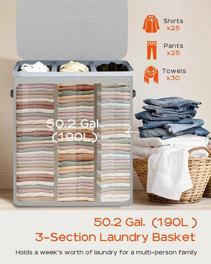 CASAMAYA Laundry Basket with Lid, Laundry Hamper 3 Section, 190L collapsible - Image 3
