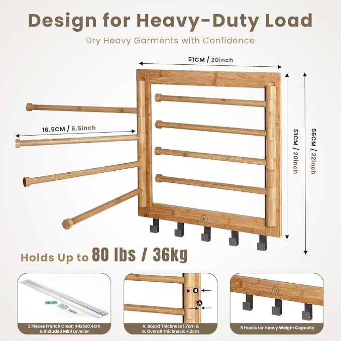 Bamboo Wall Mount Drying Rack for Laundry – Collapsible Foldable Clothes Dryer - Image 6