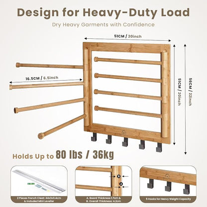 Bamboo Wall Mount Drying Rack for Laundry – Collapsible Foldable Clothes Dryer - Image 6