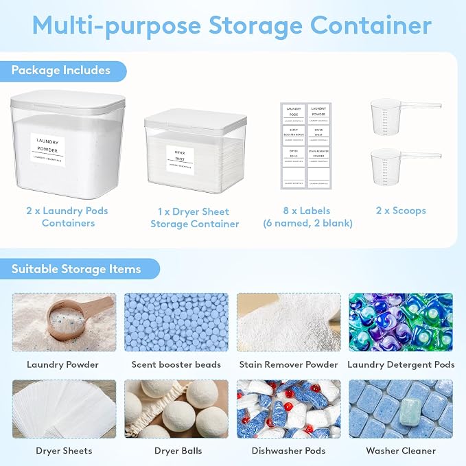 Lifewit 2+1 Laundry Pods Container & Dryer Sheet Holder, Large Powder Detergent - Image 6