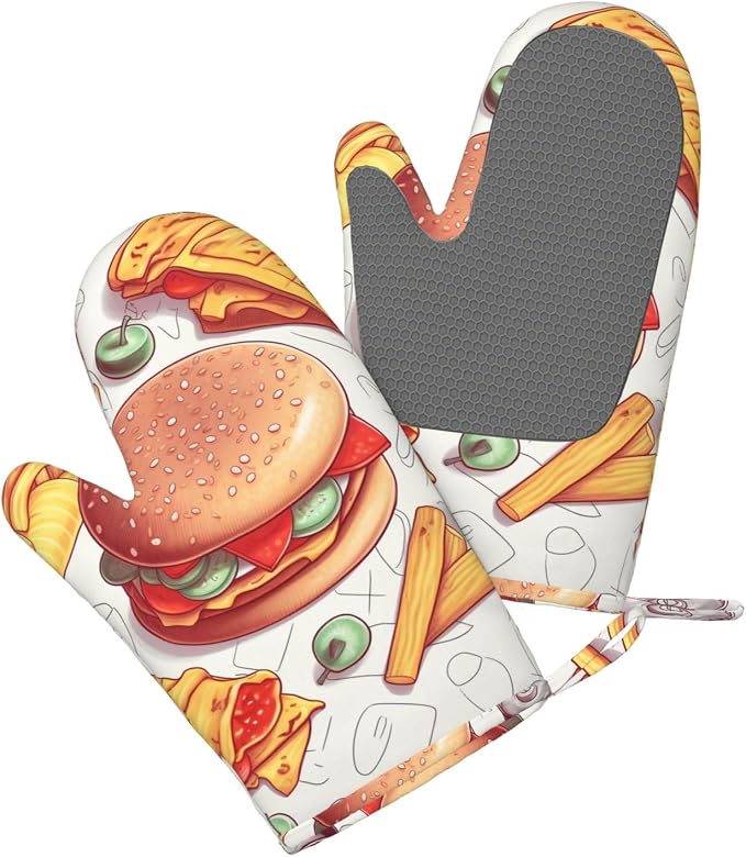 Fast Food Print Oven Mitts Set of 2, Heat Resistant Silicone Oven Mittens Gloves - Image 3