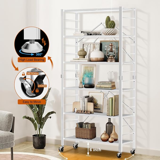 Himix 6 Tier Foldable Storage Shelves, Expandable Folding Bookshelf - Image 5