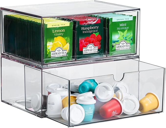 CLUQMEIK 2 Acrylic Tea and Coffee Organizer, 9 Grids Tea Bag Organizer Box and by CLUQMEIK