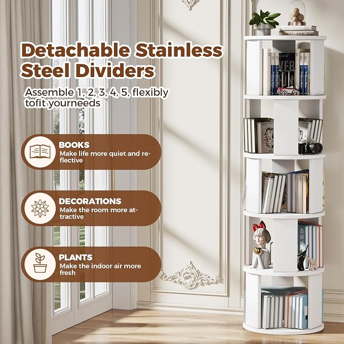 5 Tier Rotating Bookshelf Tower, 360° Display Round Bookcase, Floor Standing - Image 3