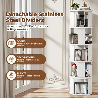 5 Tier Rotating Bookshelf Tower, 360° Display Round Bookcase, Floor Standing - Image 3