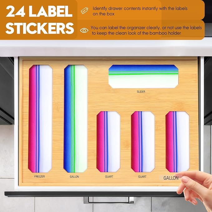Bamboo Ziplock Bag Organizer for Kitchen Drawer & Wall Mount, Food Storage - Image 5