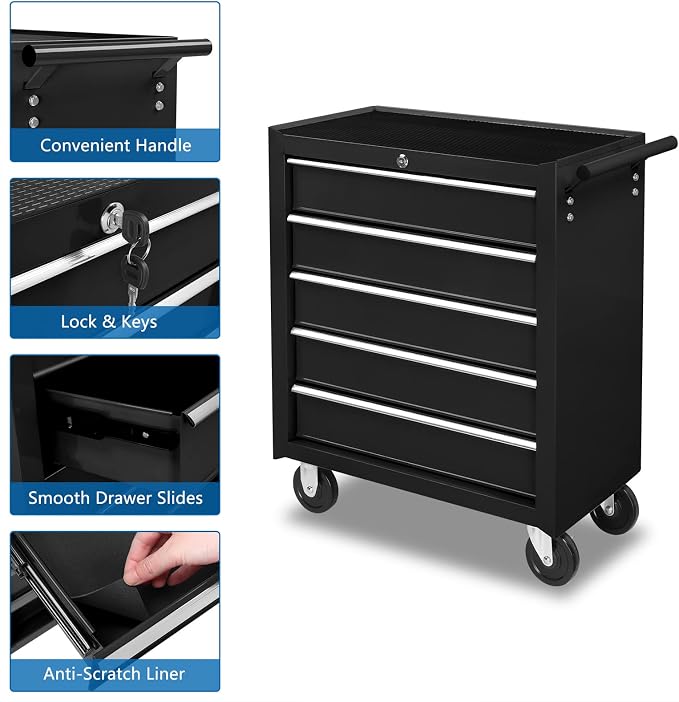 TUFFIOM 5-Drawer Rolling Tool Chest w/Drawers & Lock, Tool Storage Cabinet - Image 4