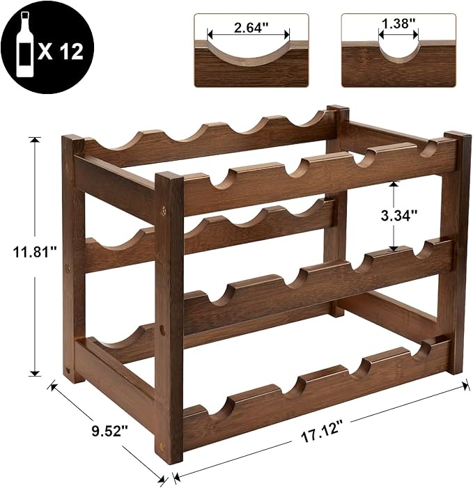 Bamboo Wine Rack, 3-Tier 12 Bottles Wine Storage Cabinet Shelf, Easy-Assembly - Image 3