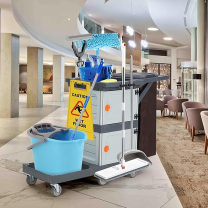 Commercial Janitorial Cleaning Cart: 3 Shelves + 2 Cabinets + Oxford Bag + Cover - Image 4