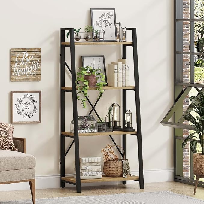 BON AUGURE Farmhouse Ladder Shelf Bookcase, 4 Tier Rustic Ladder Bookshelf - Image 2
