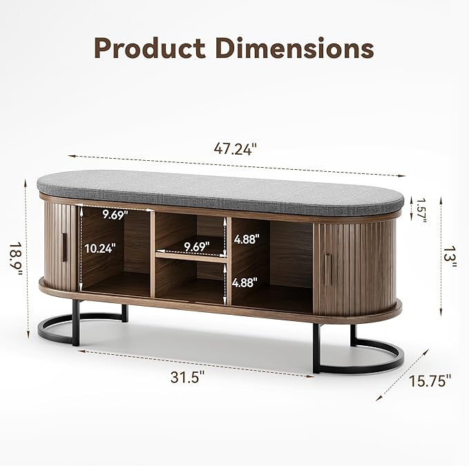 Decofy Shoe Storage Bench with Cushion and Sliding Doors, 47.2 Inch Shoe Bench - Image 2