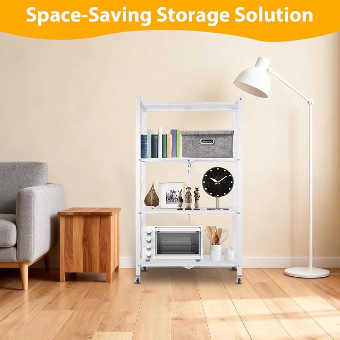 4 Tier Folding Storage Shelf on Wheels, Collapsible Shelving Unit Rolling - Image 7