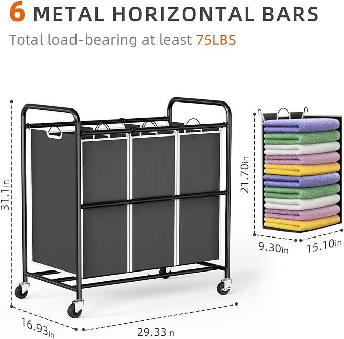 ROMOON Laundry Sorter Hamper 3 Section, Divided Laundry Basket Organizer - Image 4