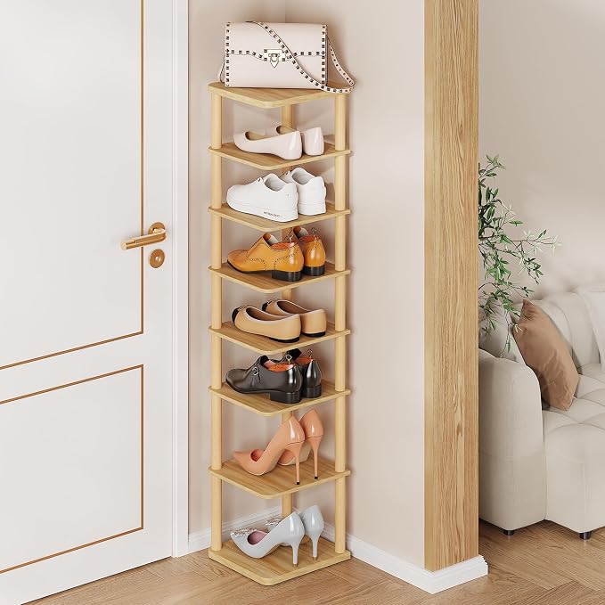 8 Tiers Vertical Shoe Rack Tall Narrow Shoe Tower Corner Shoe Rack, Natural | by LUCKNOCK