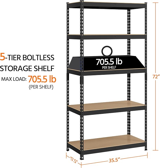 Yaheetech 5-Tier Heavy Duty Storage Shelves 35.5" W x 17.5" D x 72" H Black | - Image 3