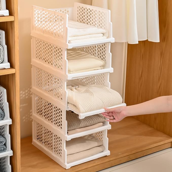 Pull-out Plastic Storage Basket, Stackable Closet Organizers Drawer Anti-Tipping - Image 8