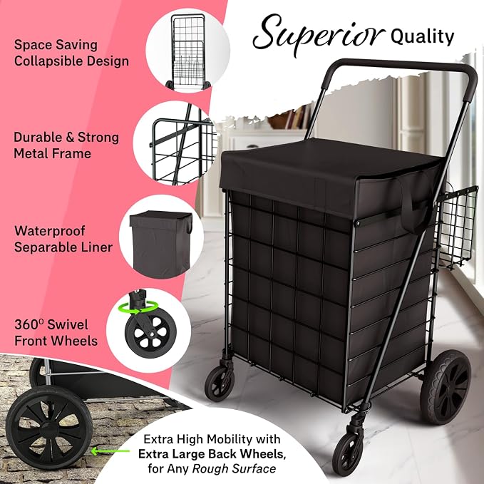 Shopping Cart w/Waterproof Basket Liner & 360° Swivel Wheels | Foldable - Image 3