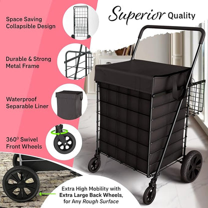 Shopping Cart w/Waterproof Basket Liner & 360° Swivel Wheels | Foldable - Image 3
