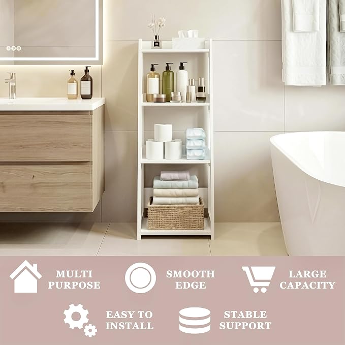 4-Tier Bathroom Ladder Shelf Freestanding, 12.6" W x 37" H | White Floor Shelves - Image 7