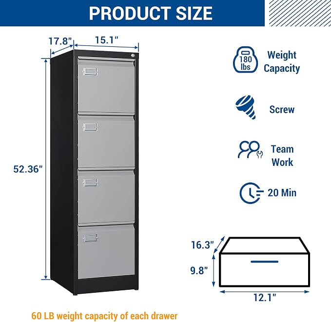 File Cabinets - 4 Drawers Vertical 17.8" Deep Lockable Filing Cabinet - Black & - Image 3