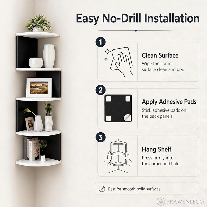No-Drill Corner Shelf Wall Mount, 5-Tier Floating Corner Bookshelf - Image 9