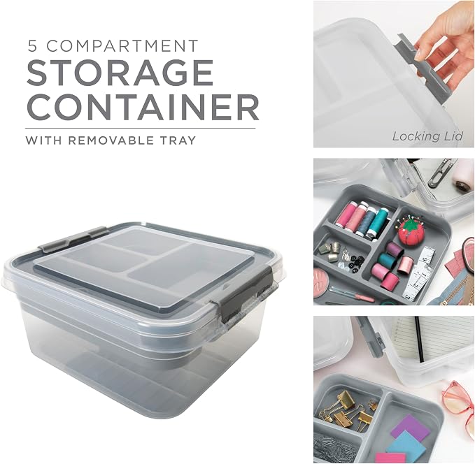 Simplify 5 Compartment Gift Supply Storage Box | 2 Tier Box | Red | Clear Top - Image 2