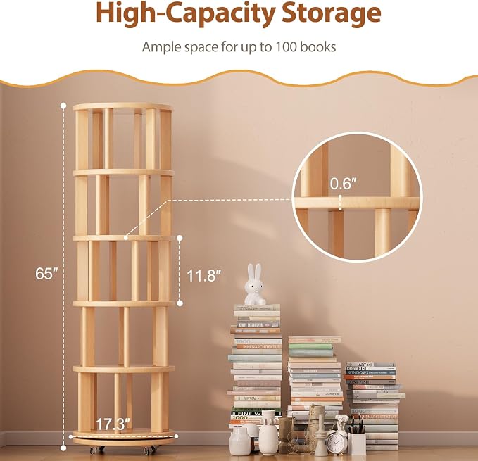 Solid Wood Rotating Bookshelf on Wheels, 5 Tier, Round Revolving Bookcase - Image 2