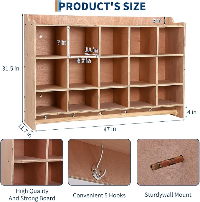Wall Mounted Cubby Storage Organizer – 15 Cubbies, Shoe Layer, Hooks & Shelf – - Image 3