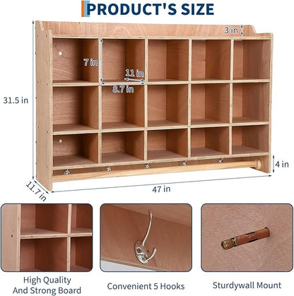 Wall Mounted Cubby Storage Organizer – 15 Cubbies, Shoe Layer, Hooks & Shelf – - Image 3