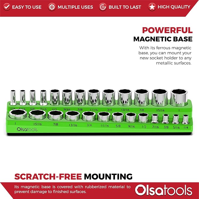 Olsa Tools Magnetic Socket Organizer | 3/8-inch Drive | SAE | Green | Holds 26 - Image 4