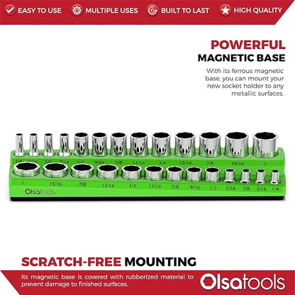 Olsa Tools Magnetic Socket Organizer | 3/8-inch Drive | SAE | Green | Holds 26 - Image 4
