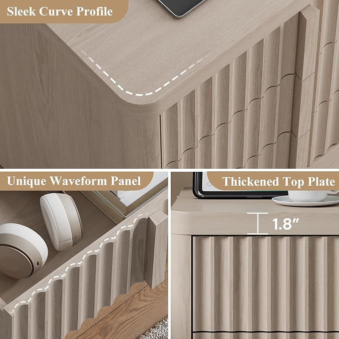Fluted Nightstand with Charging Station, 23.6" Night Stand with Solid Wood - Image 6
