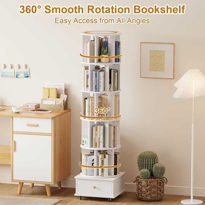 Rotating Bookshelf with Drawers on Lockable Wheels Wood White | 6 Tier Spinning - Image 3
