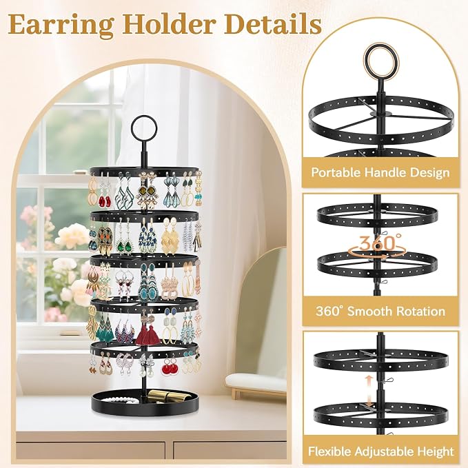 MODOWEY 5 Tiers Rotating Earring Holder Organizer Display, Adjustable Jewelry - Image 4