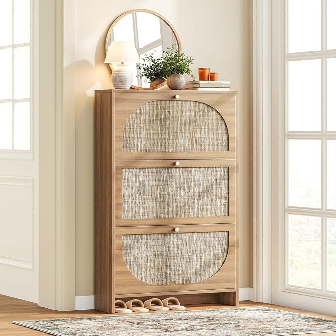 Nicetree Shoe Storage Cabinet for Entryway, Slim Arched Rattan Accent Shoe by Nicetree