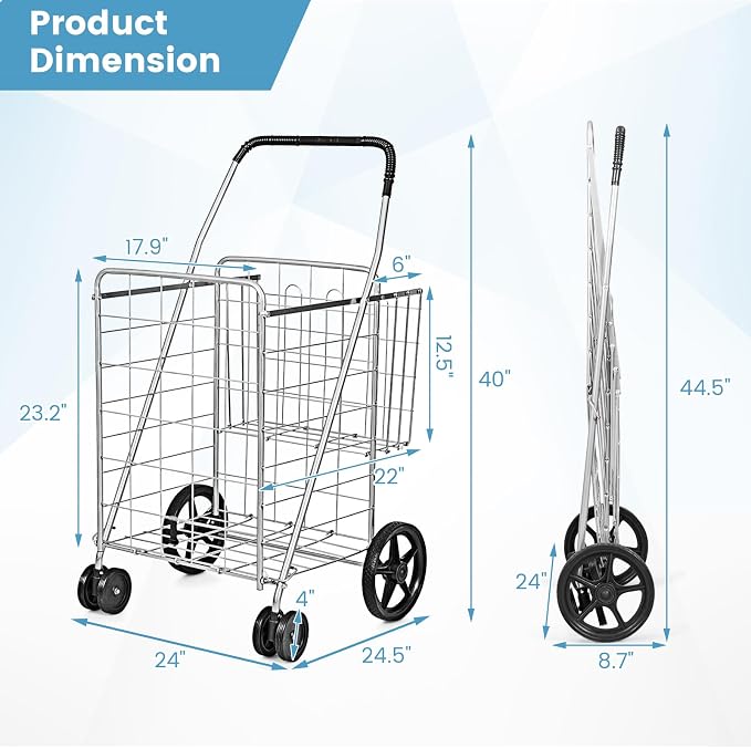 COSTWAY Folding Shopping Cart, Metal Grocery Cart - Image 8