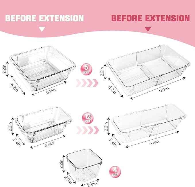 21 PCS Extendable Drawer Organizer Set, 3-Size Clear Stackable Vanity Storage - Image 2