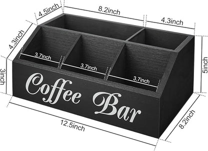 Coffee Bar Accessories Organizer 5 Compartment Wood Countertop Storage | - Image 2