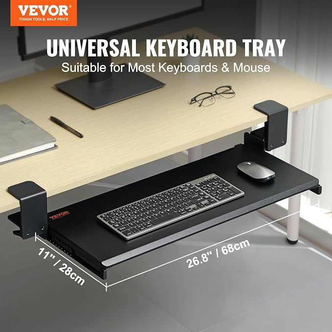 VEVOR Clamp on Keyboard Tray Under Desk, Desk Keyboard Tray Slide Out - Image 2