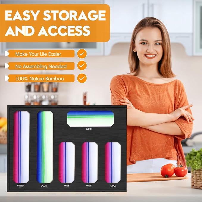 6 in 1 Bamboo Ziploc Bag Storage Organizer, Snack & Freezer Bags, Wall - Image 7