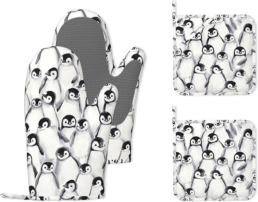 Funny Cute Penguin Heat-Resistant Silicone Oven Mitts and Pot Holder 4 Piece Set by Unknown