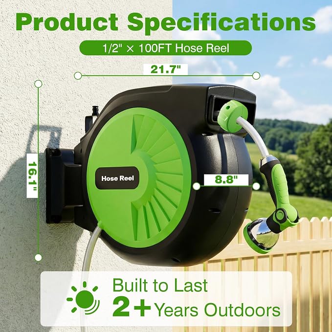 Retractable Garden Hose Reel 100FT x 1/2 in, Wall Mount Water Hose Reel - Image 10
