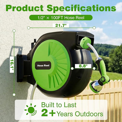 Retractable Garden Hose Reel 100FT x 1/2 in, Wall Mount Water Hose Reel - Image 10