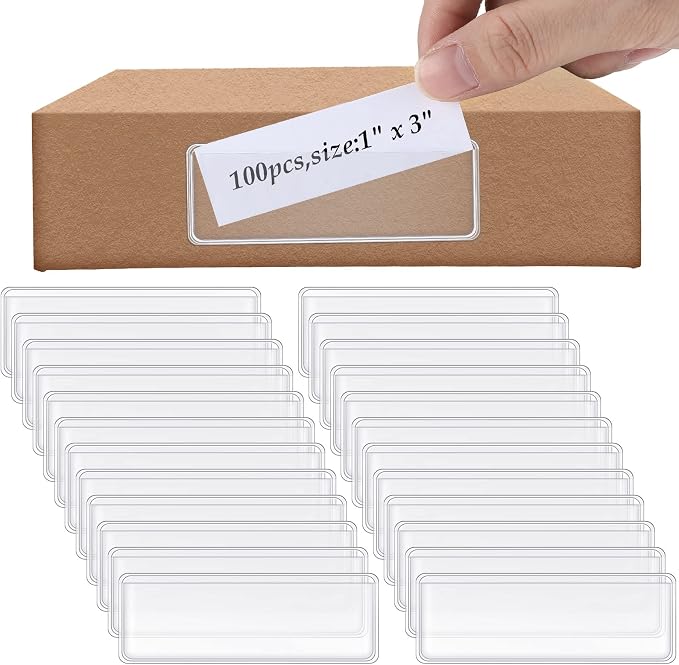 100 Pcs Label Holder Self Adhesive Clear Pocket 3x1 Inch Plastic Shelf Tag by Meanplan