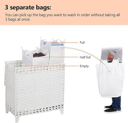 Laundry Hamper with 3 Removable Liner Bags; 132L Handwoven Rattan Laundry - Image 3