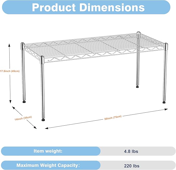 1-Tier Wire Shelf Rack, Single Metal Shelves Rack, 1 Tier Metal Shelf, Chrome | - Image 3