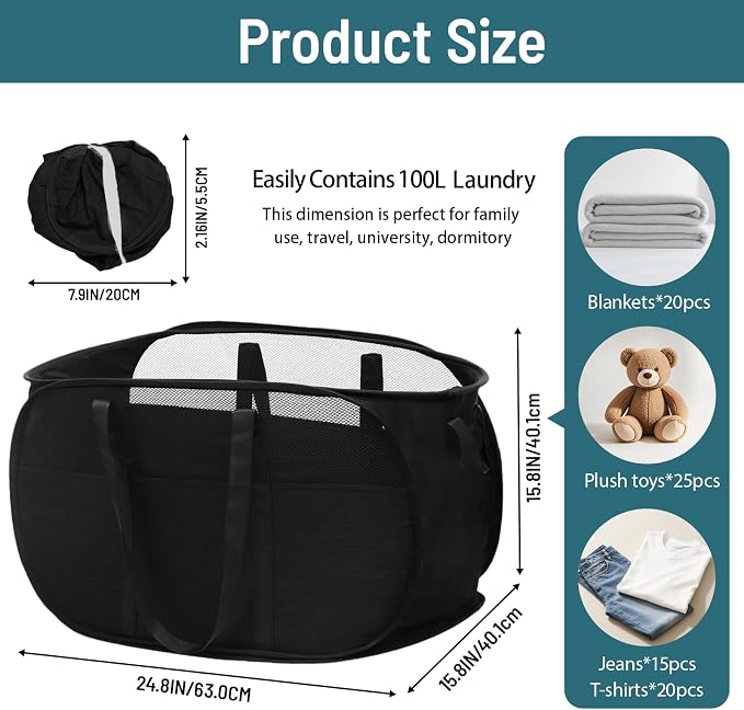 100L Collapsible Laundry Baskets, Tear Proof Pop Up Laundry Hamper - Image 4
