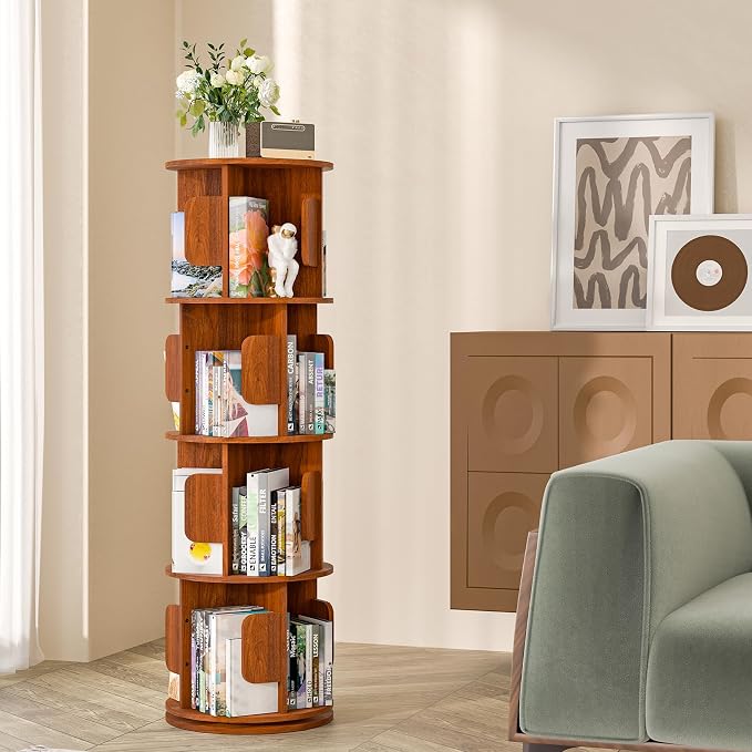 4-Tier 360° Rotating Bookshelf, Round Floor Standing Bookcase - Image 3