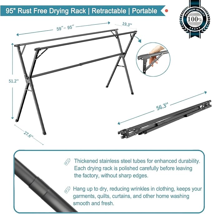 JAUREE 95 Inches Clothes Drying Rack, Drying Rack Clothing Folding Indoor - Image 4