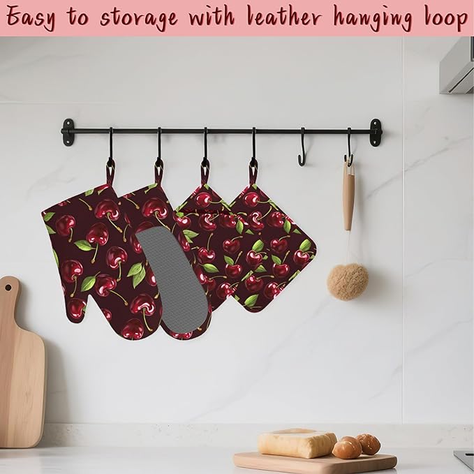 Red Cherry Heat-Resistant Silicone Oven Mitts and Pot Holders, Long Oven Gloves - Image 5